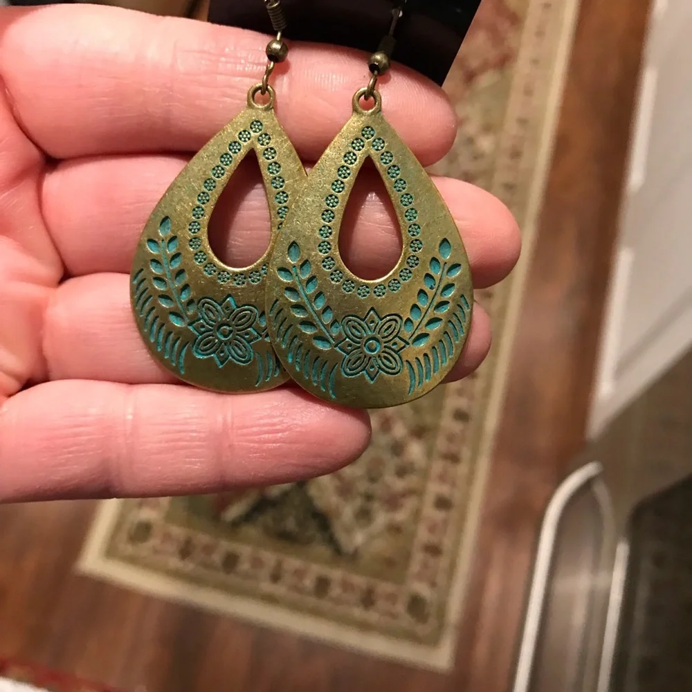 Bohemian embossed bronze patina dangle earrings